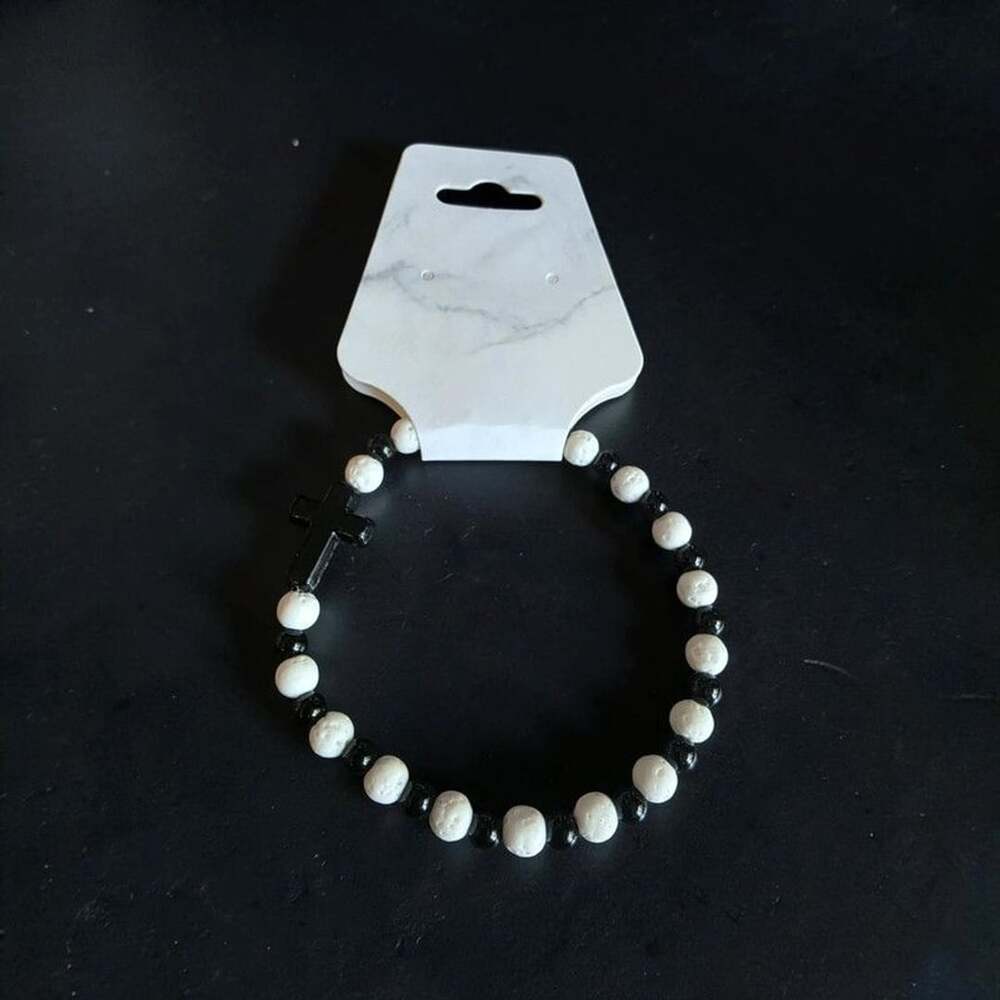 White Lava Stone & Black Bead Stretch Bracelet with Cross